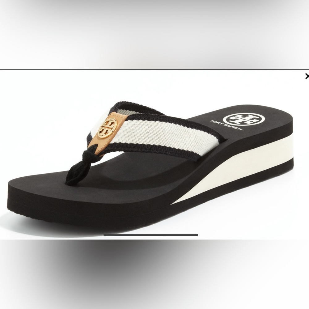 Tory Burch, Ray Rubber Wedge Flip-Flop, Black/Ivory/Honey, size 8